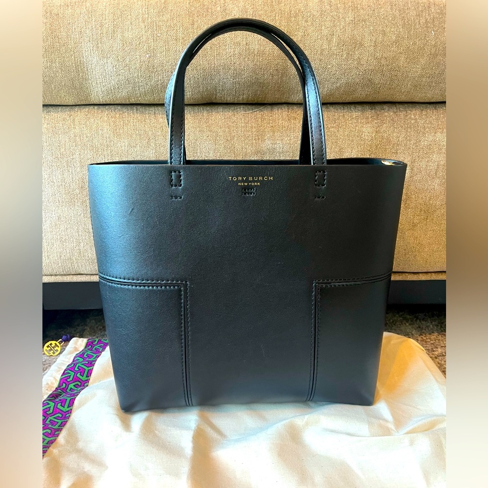 TORY BURCH BLACK LEATHER MINI T BLOCK TOTE